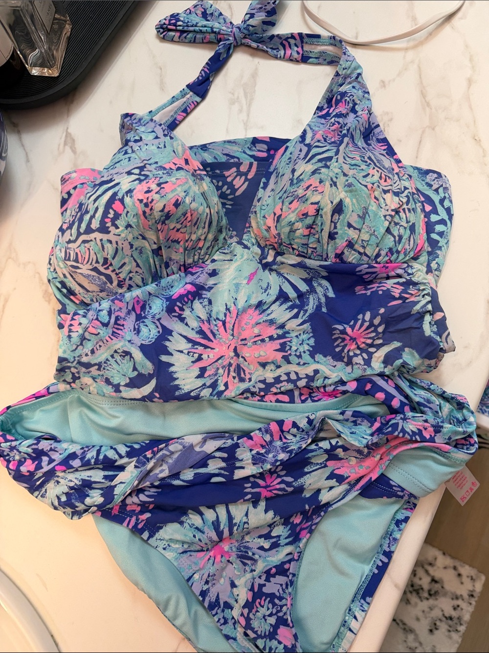 Lilly Pulitzer Blue Floral Halter Bikini with Pink & Mint Accents